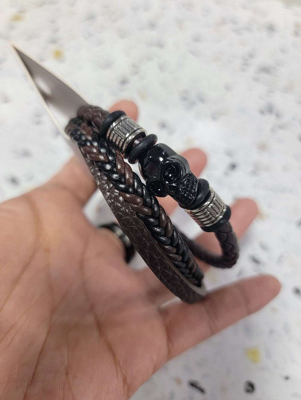 Men's Black and Brown Braided Leather Bracelet with Skull Accent